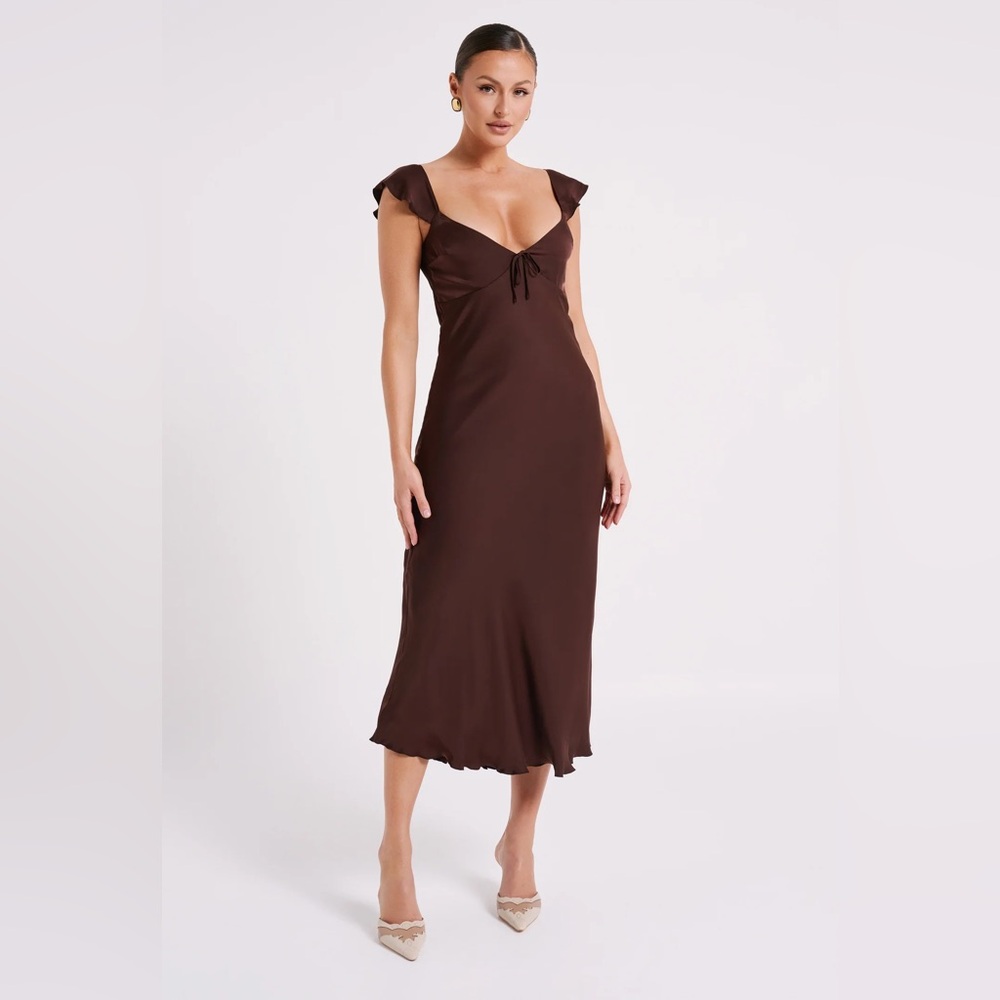 Meshki Satin Chantal Midi Dress in Chocolate